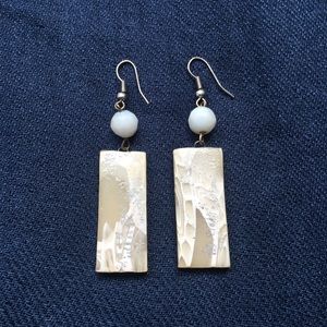 White and silver rectangular hand-made earrings